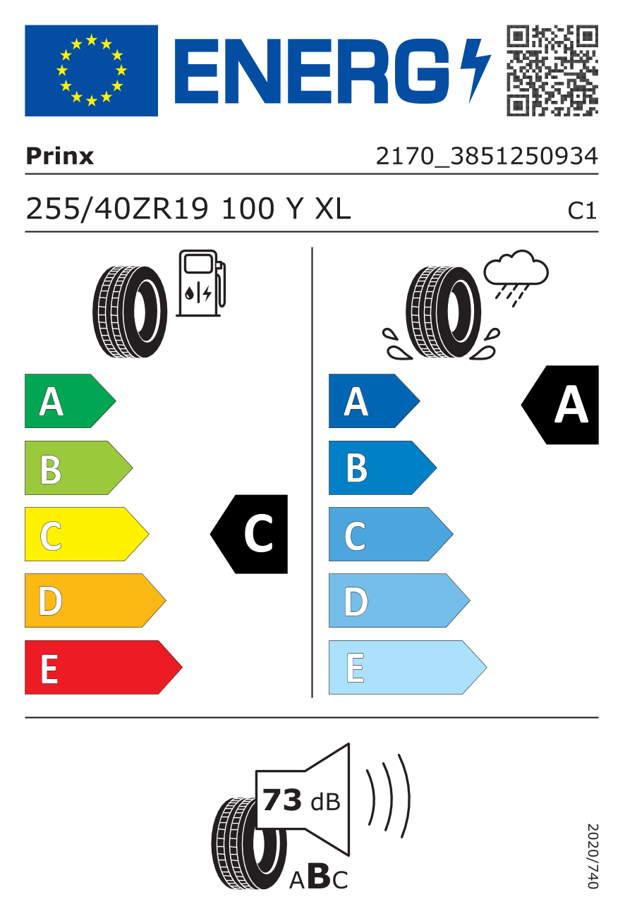 EU-Reifenlabel für PRINX AQUILA REV 255/40 R19 100Y