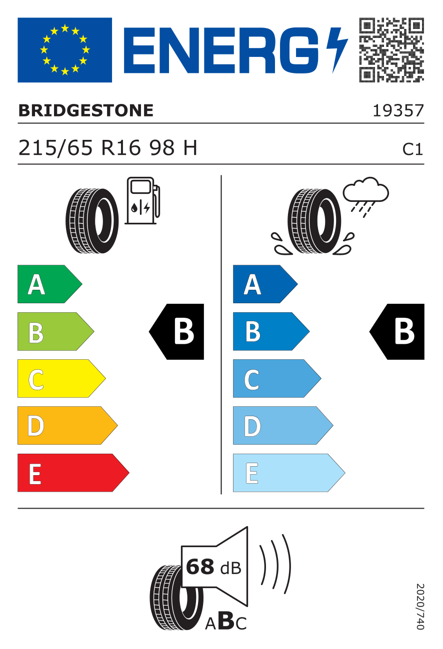 EU-Reifenlabel für BRIDGESTONE TURANZA T005A 215/65 R16 98H