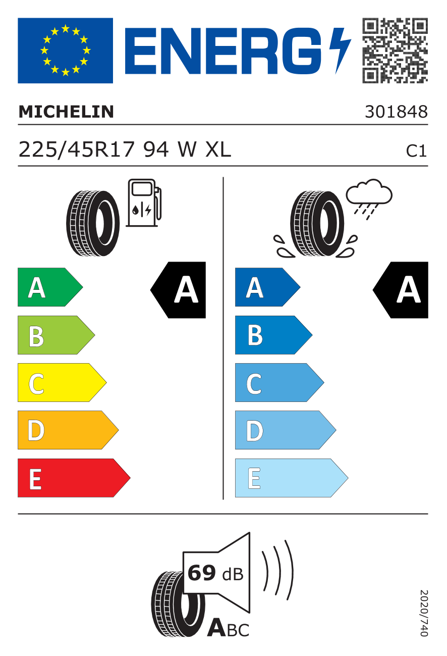 EU-Reifenlabel für MICHELIN PRIMACY 5 ENERGY 225/45 R17 94W