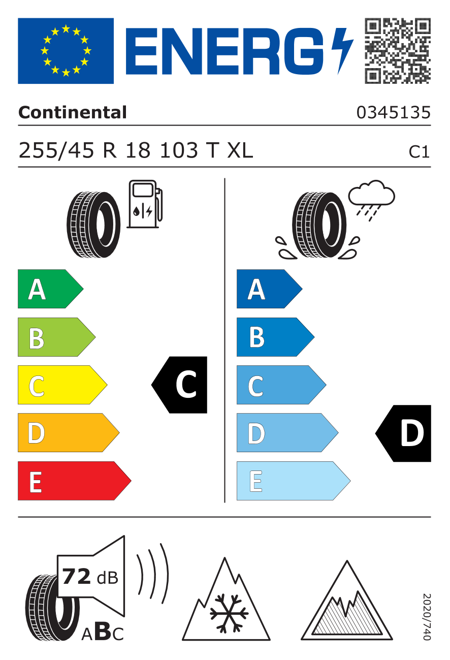 EU-Reifenlabel für CONTINENTAL VIKING CONTACT 7 255/45 R18 103T