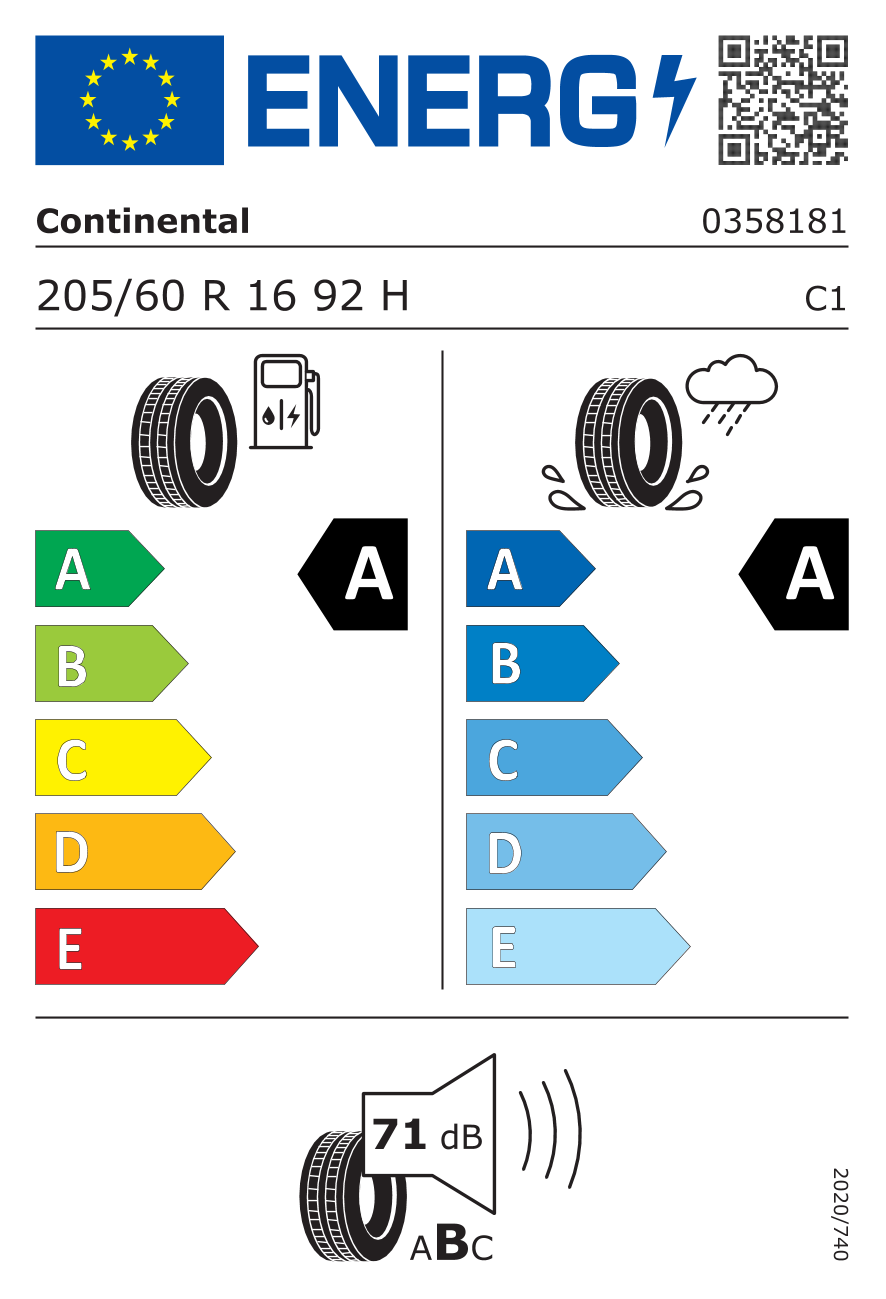 EU-Reifenlabel für CONTINENTAL ECO CONTACT 6 205/60 R16 92H