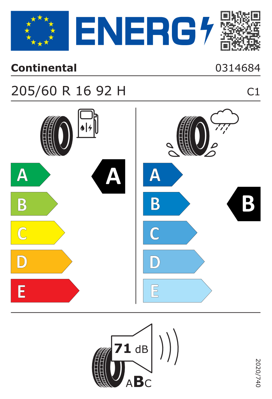 EU-Reifenlabel für CONTINENTAL ECO CONTACT 6 205/60 R16 92H