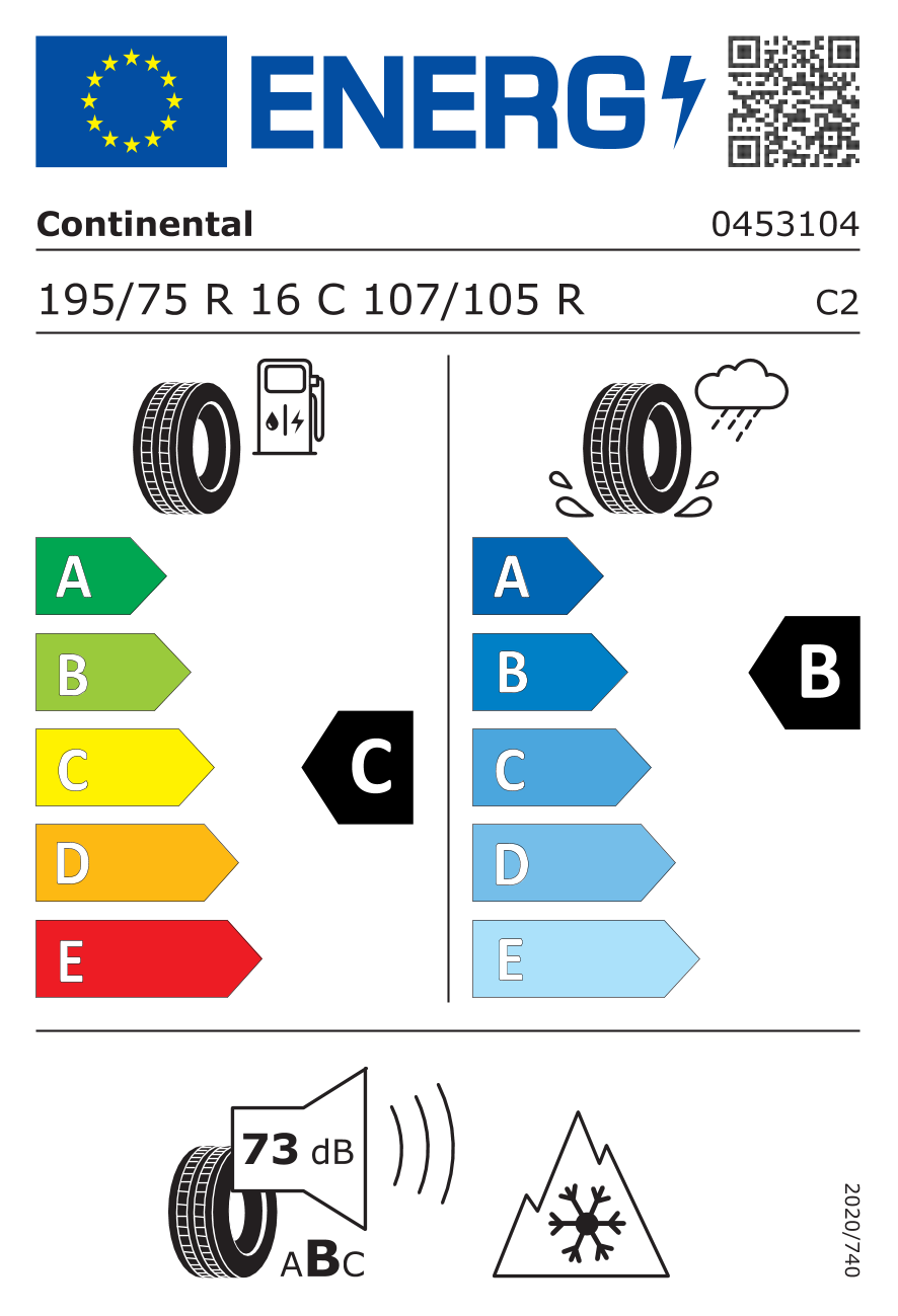 EU-Reifenlabel für CONTINENTAL VANCONTACT WINTER 195/75 R16 107/105R