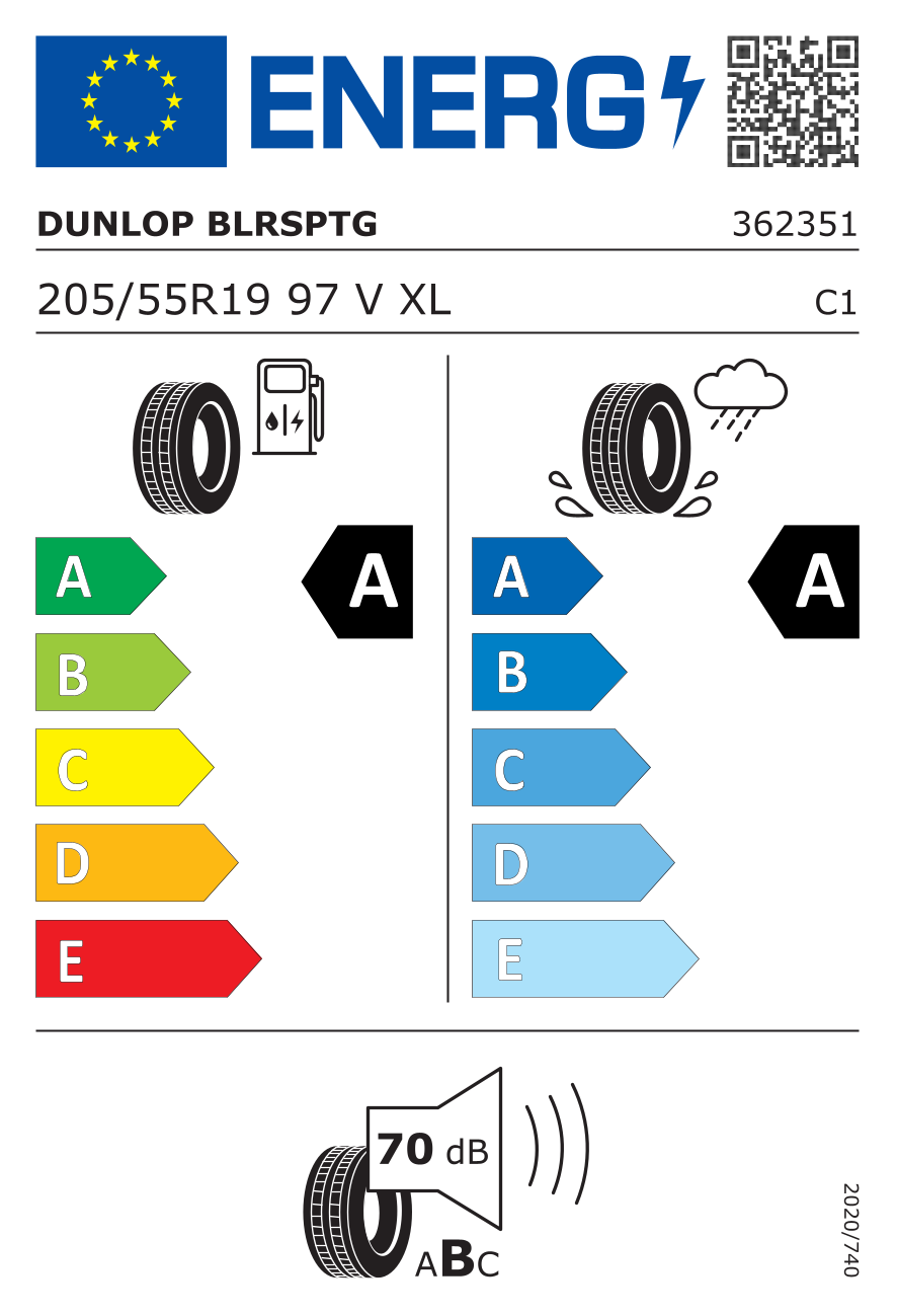 EU-Reifenlabel für DUNLOP BLUE RESPONSE TG 205/55 R19 97V