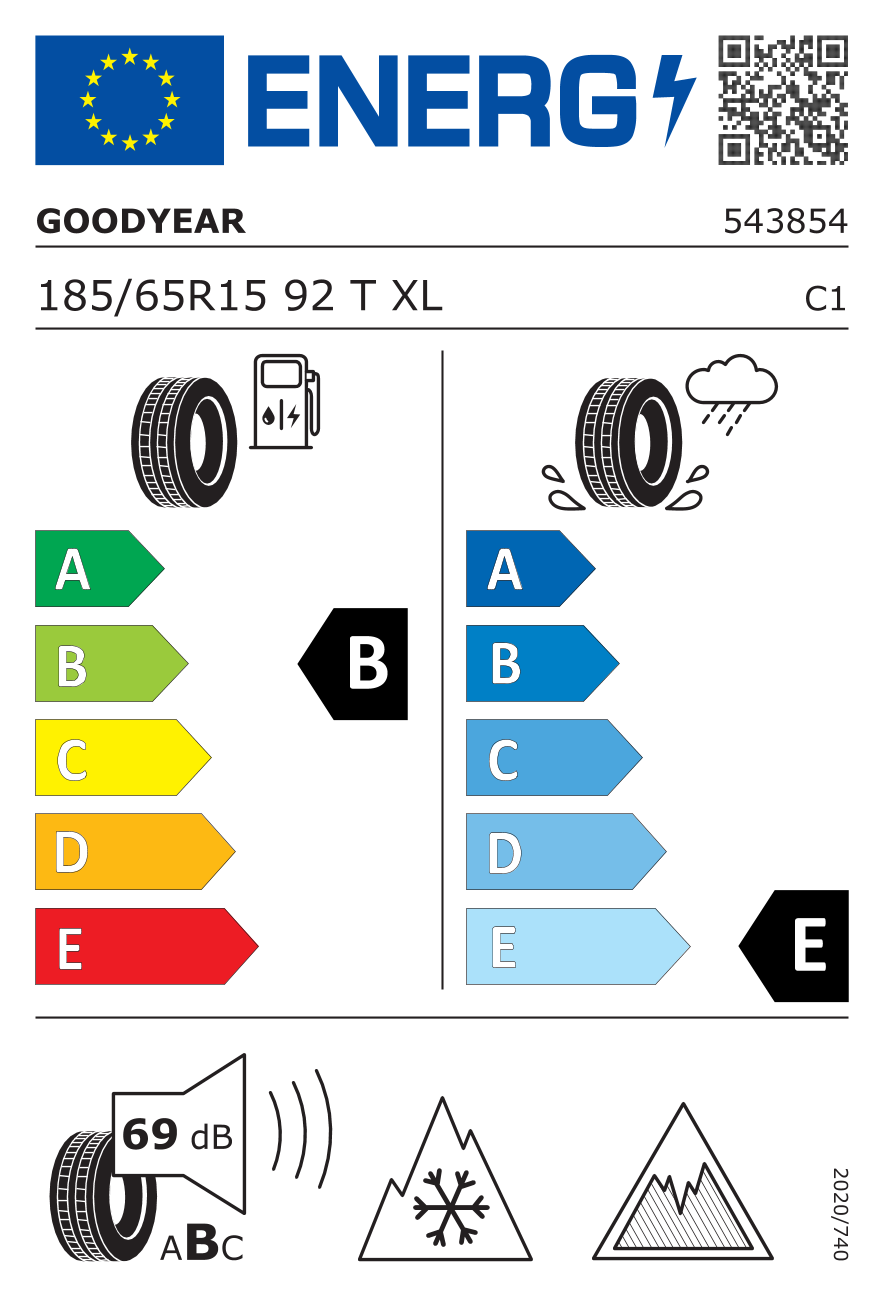 EU-Reifenlabel für GOODYEAR ULTRAGRIP ICE 3 185/65 R15 92T