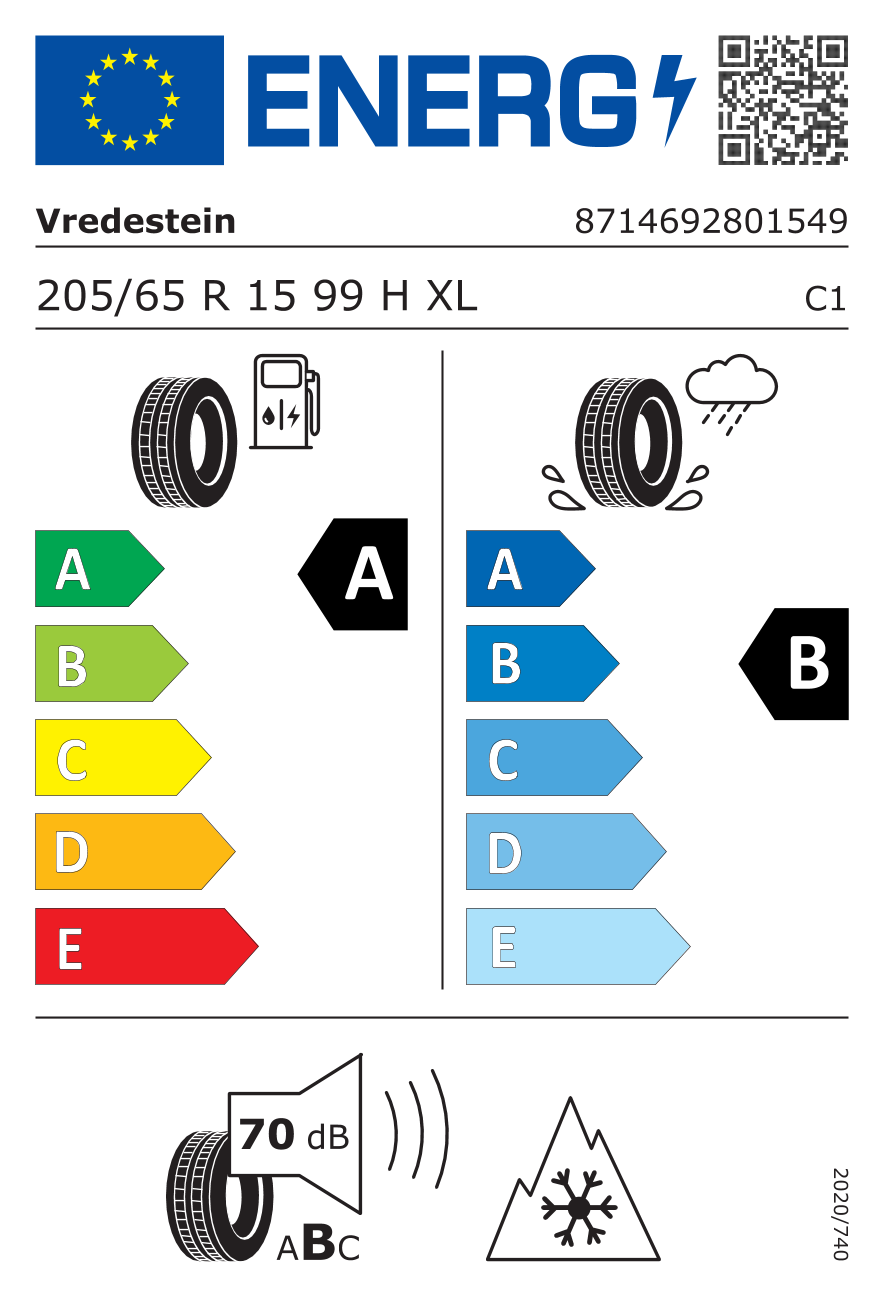 EU-Reifenlabel für VREDESTEIN QUATRAC 205/65 R15 99H