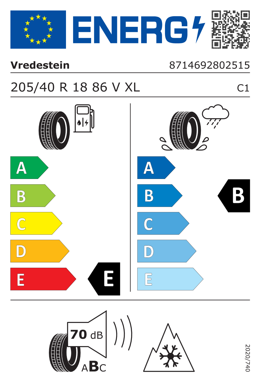 EU-Reifenlabel für VREDESTEIN WINTRAC PRO+ 205/40 R18 86V