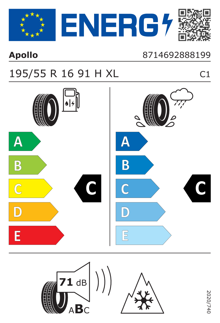 EU-Reifenlabel für APOLLO ALNAC 4G WINTER 195/55 R16 91H