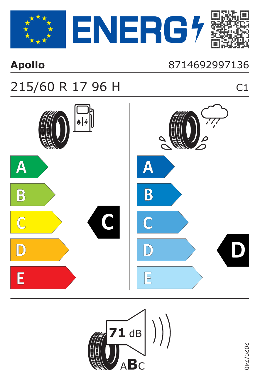 EU-Reifenlabel für APOLLO ALNAC 4G 215/60 R17 96H