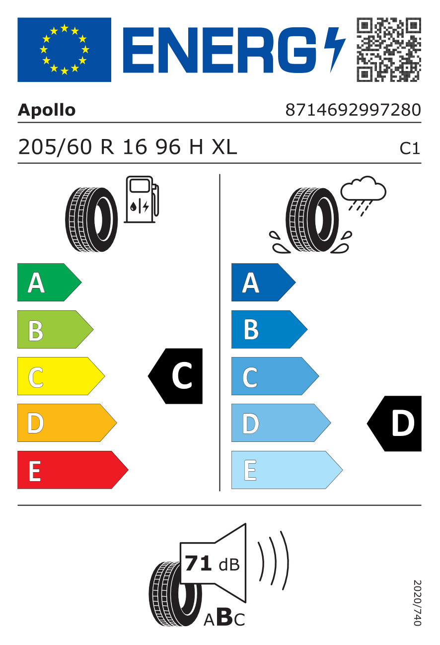 EU-Reifenlabel für APOLLO ALNAC 4G 205/60 R16 96H