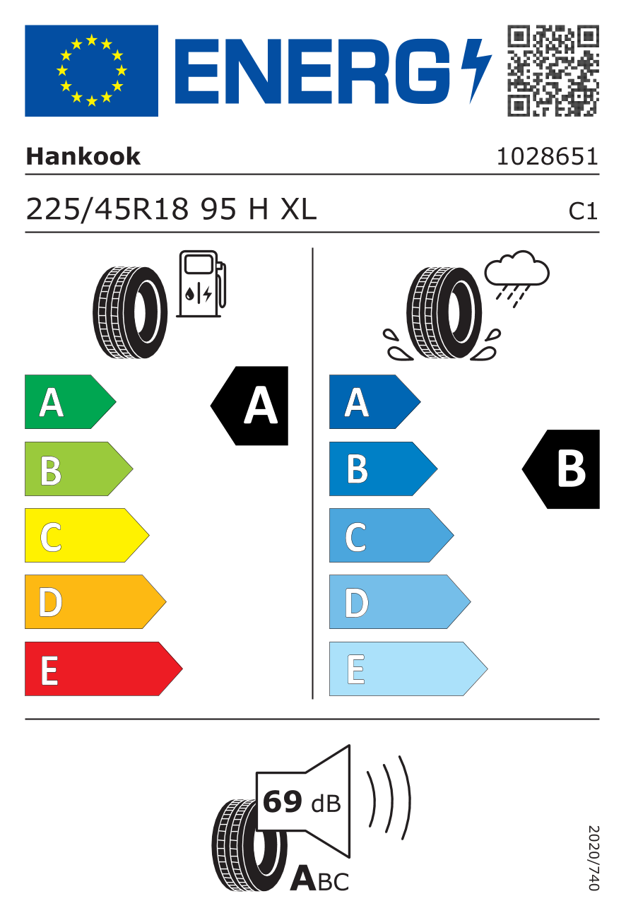 EU-Reifenlabel für HANKOOK K127E VENTUS S1 EVO3 EV 225/45 R18 95H