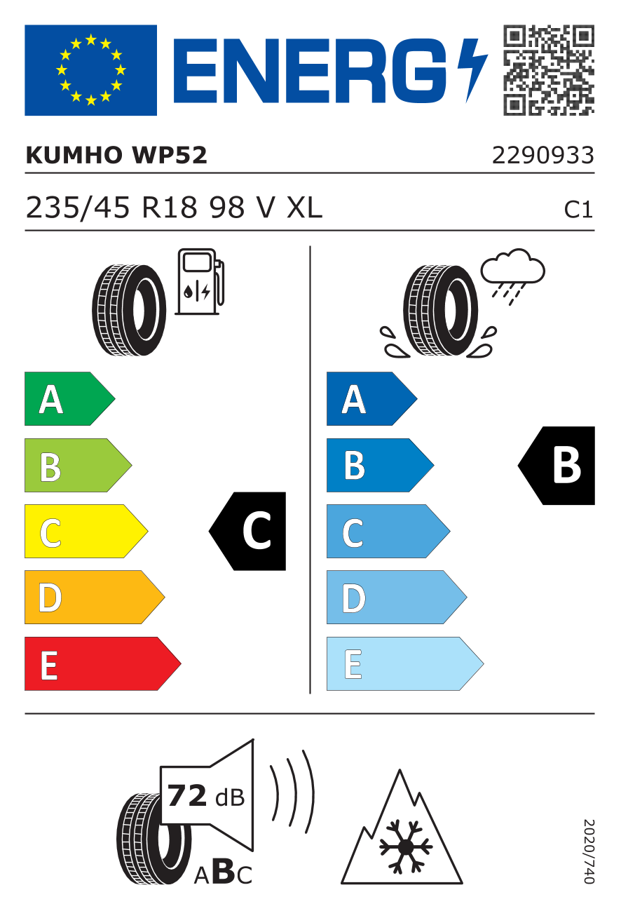 EU-Reifenlabel für KUMHO WP52 WINTERCRAFT 235/45 R18 98V