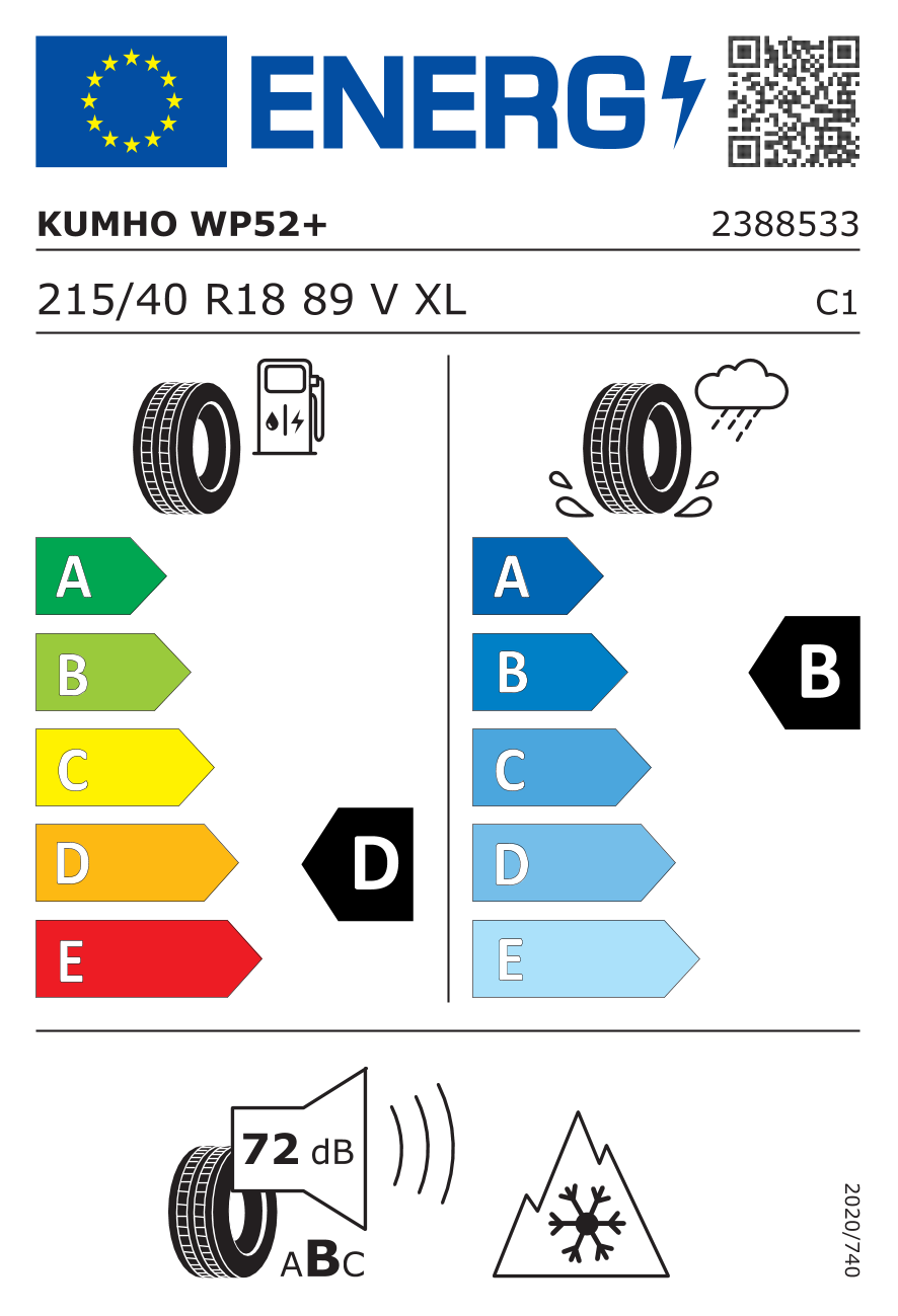 EU-Reifenlabel für KUMHO WP52+ WINTERCRAFT 215/40 R18 89V