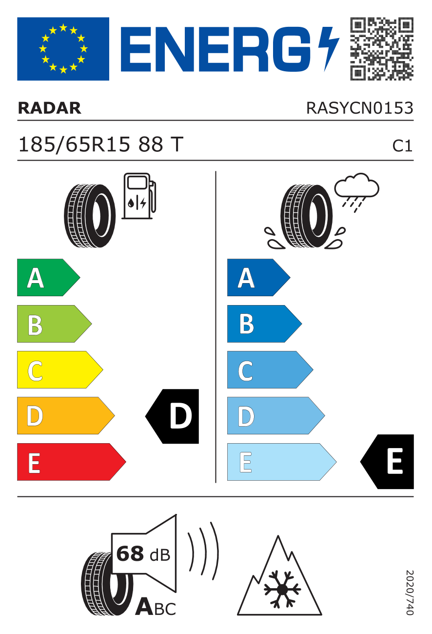 EU-Reifenlabel für RADAR DIMAX ALPINE 185/65 R15 88T