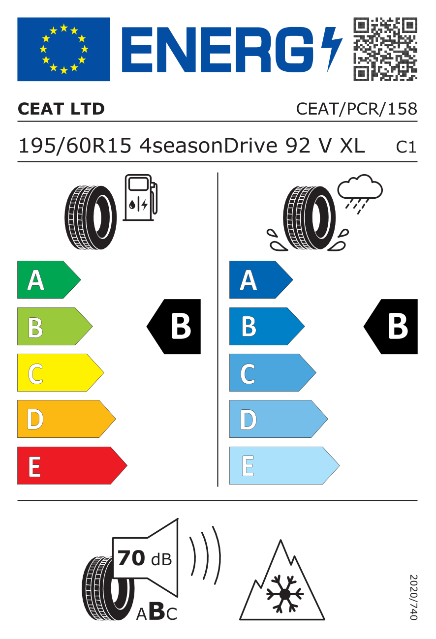 EU-Reifenlabel für CEAT 4 SEASONDRIVE 195/60 R15 92V